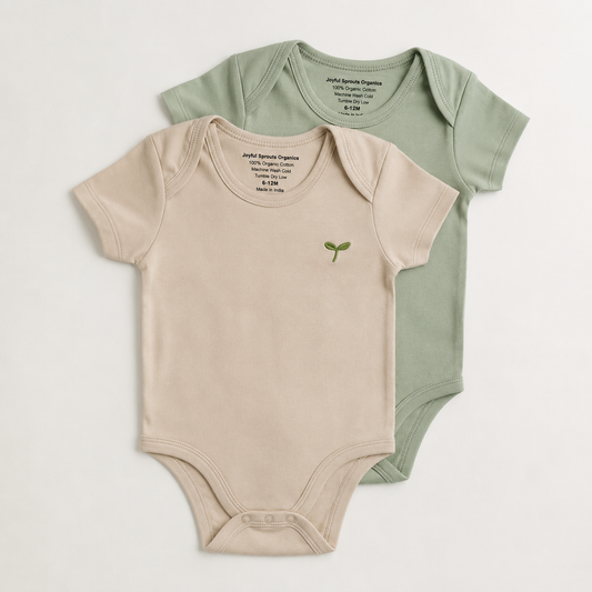 Joyful Sprouts Organics Bodysuit 2-Pack flat lay in Oat and Sage organic cotton